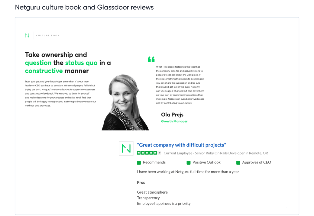 Netguru culture book and Glassdoor reviews